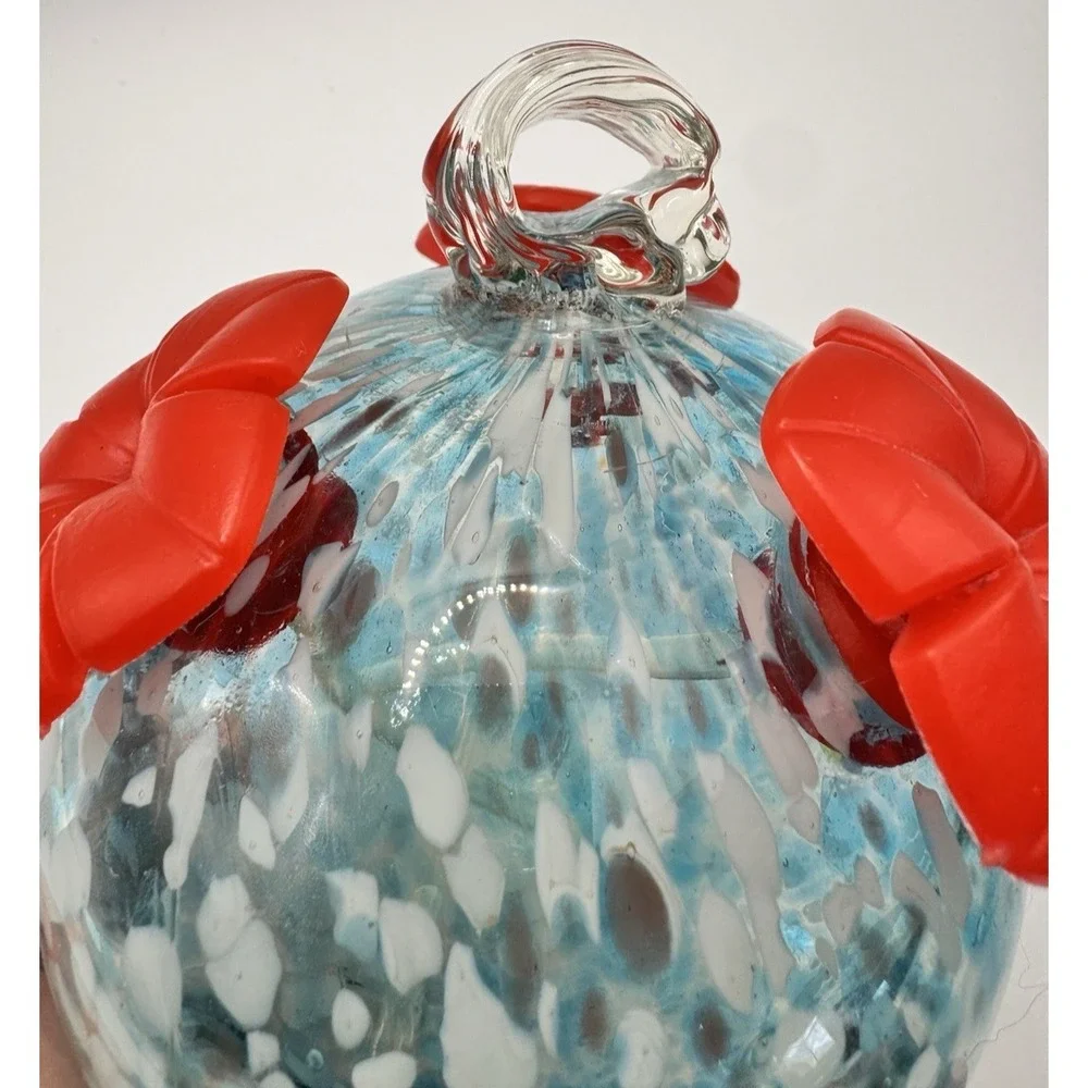 Hummingbird Feeder Hand Blown Glass Blue White Confetti Red Flower Ports Hanging